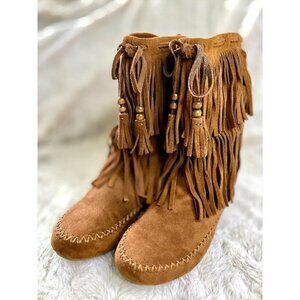 Mossimo Tan Suede Fringe Moccasin Boots Boho Western Indie Festival 8